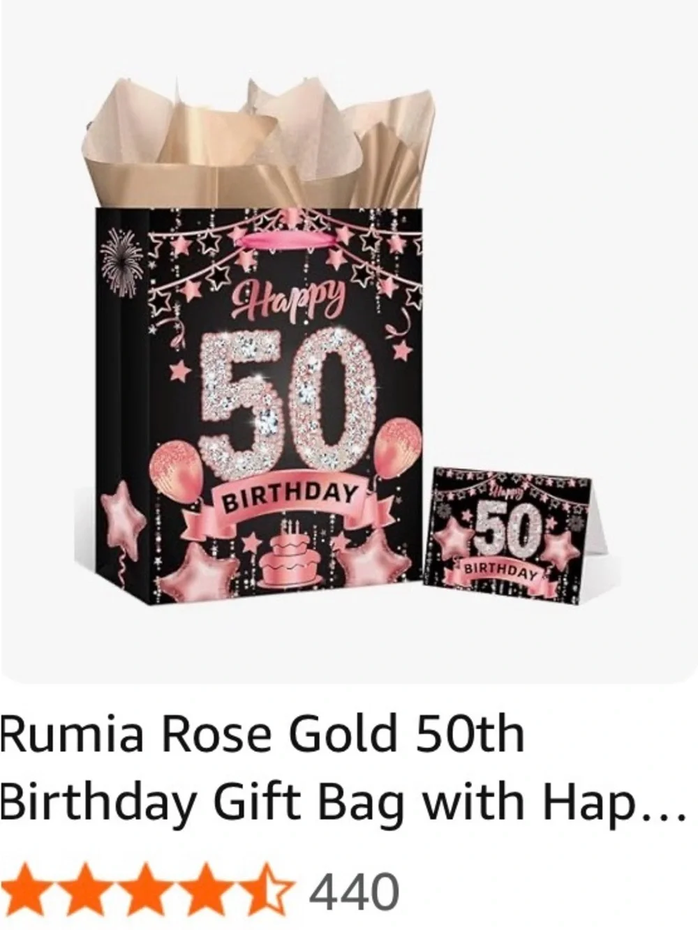 Amazon Pink and Black 50th Happy Birthday Gift Bag with Matching Card